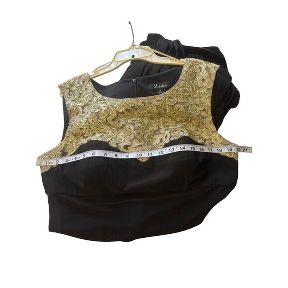 Elegant SL Fashions Black Maxi Dress With Gold Embellished Lace Bodice & Draped - Picture 6 of 8